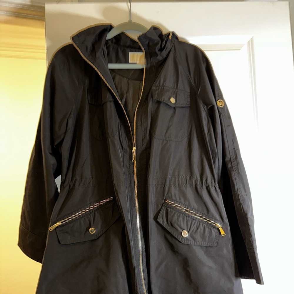 Michael Kors Black Utility Rain Jacket with Hood and Zipper Closure